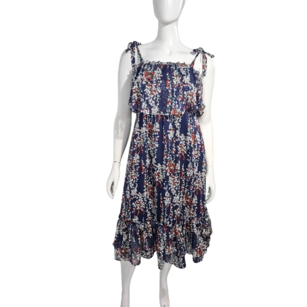 Saints + Secrets Chic Floral Chiffon Midi Dress In Navy Cottacore Layared Size L